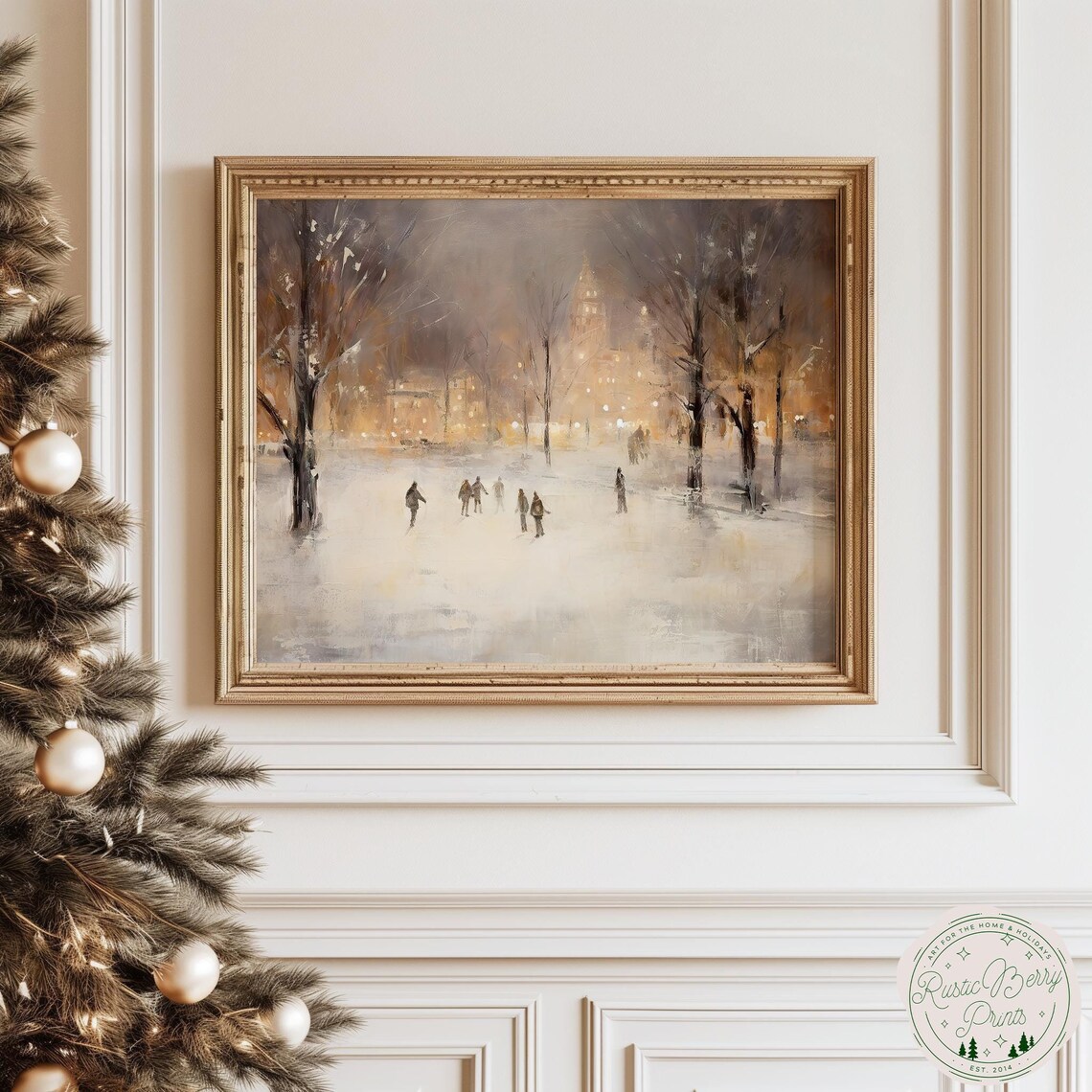 Vintage Ice Skaters Frozen Pond Night City Lights Winter Holiday Art