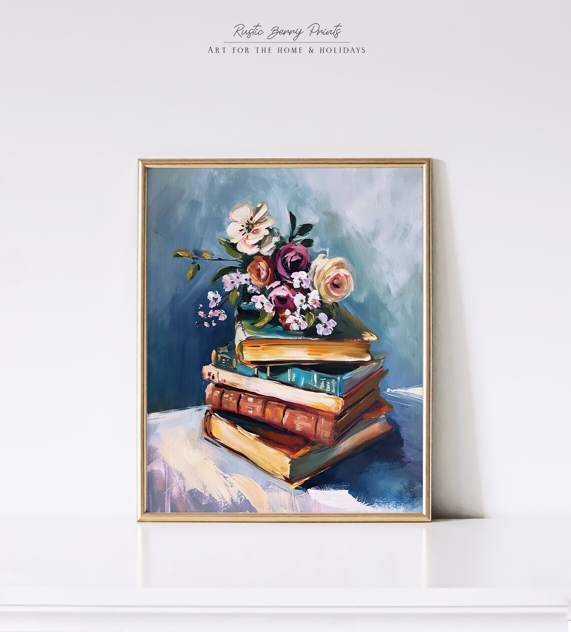 Vintage Books Roses Anemones Bouquet Blue Gray Oil Painting Wall Art