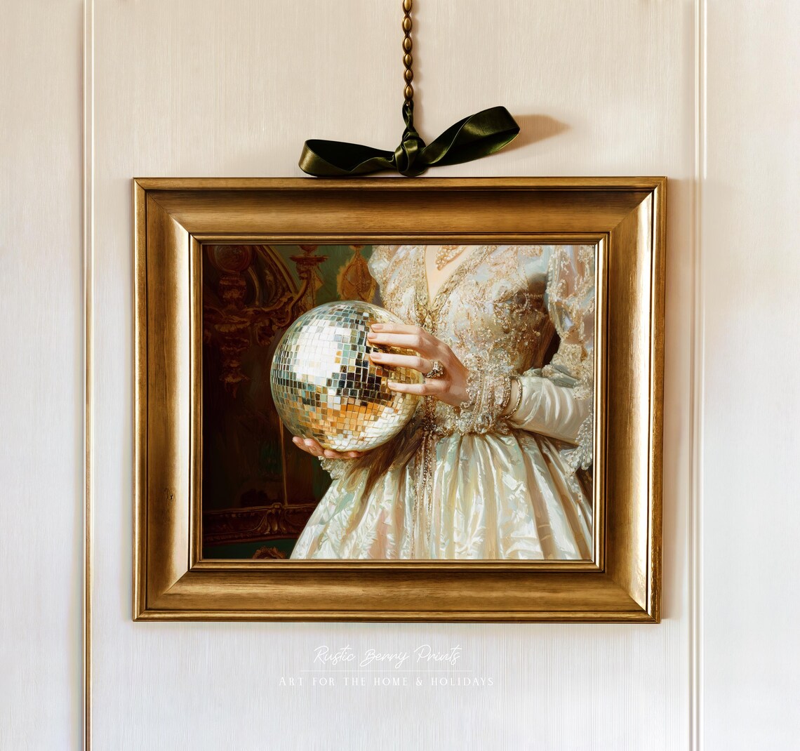Baroque Gold Gown Lady With Disco Ball Vintage Painting Print - Image 2