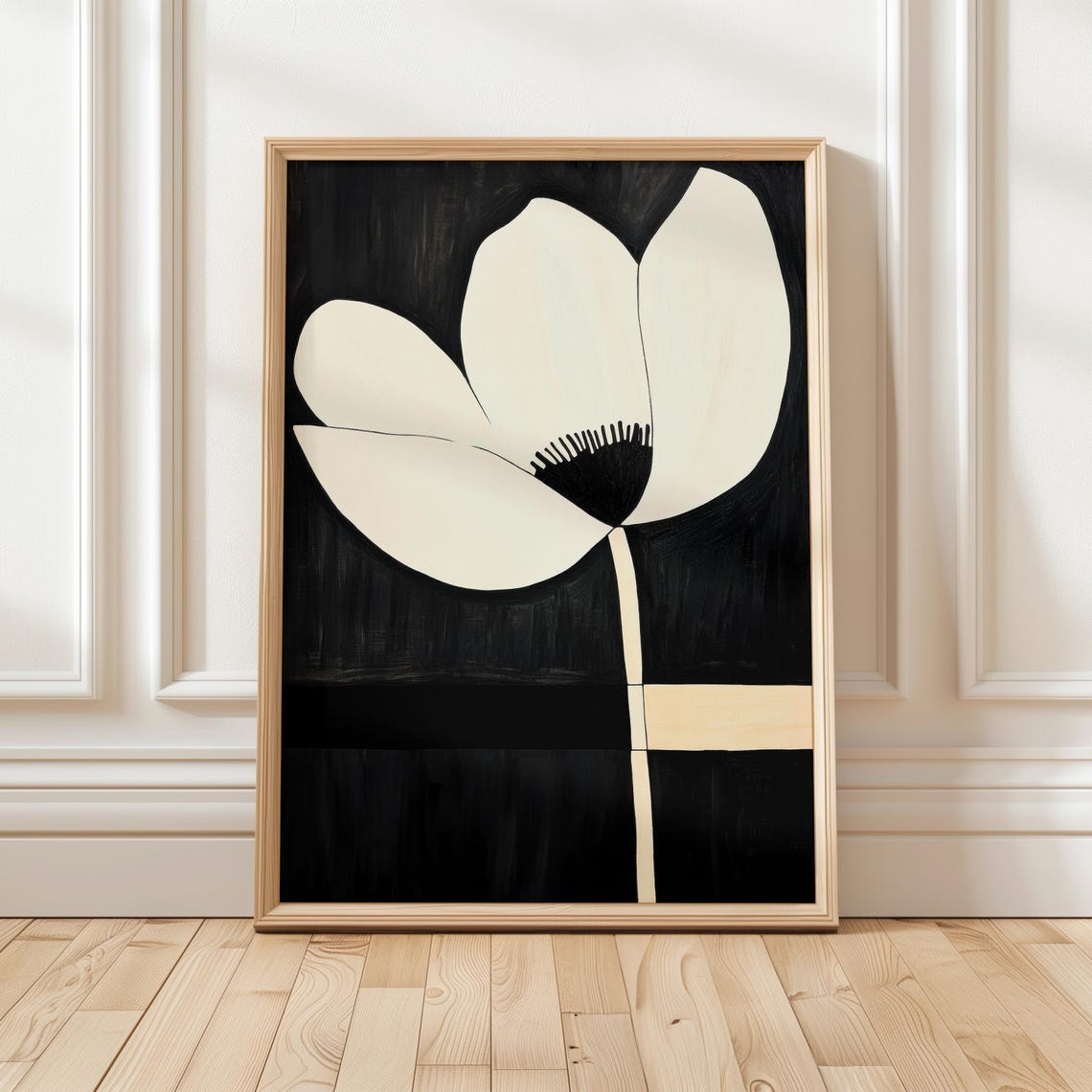 White Flower Black Background Minimalist Bloom Modern Art Poster