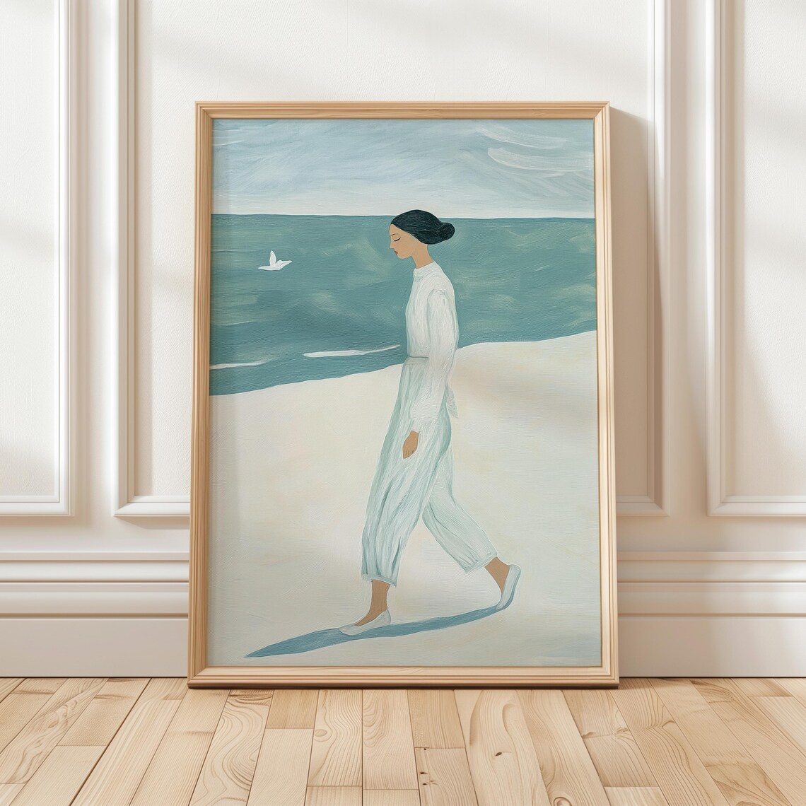 Woman In White Walking Along Calm Beach Minimalist Art Poster