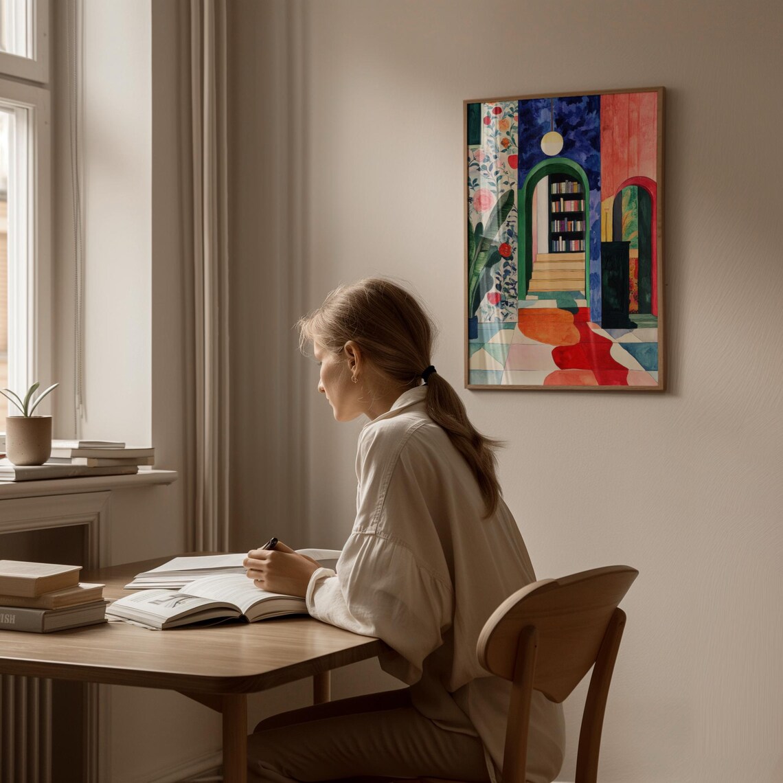 Colorful Interior With Bookshelf And Archways, Modern - Image 2