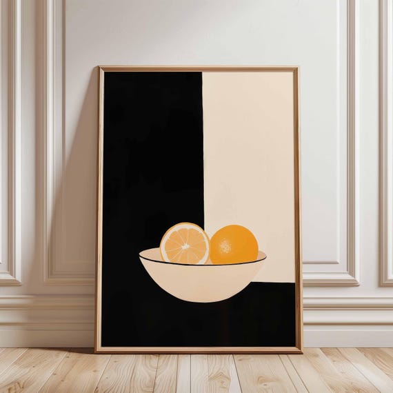 Minimalist Orange Still Life In Bowl Geometric Kitchen Wall Art Modern Contrast Citrus Artwork For Stylish Decor