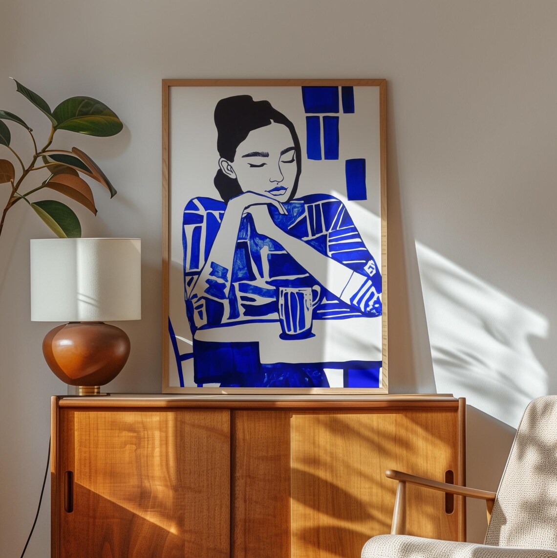 Serene Woman With Coffee Electric Blue Minimalist Print Thoughtful Modern Illustration Unique Wall Art - Image 2