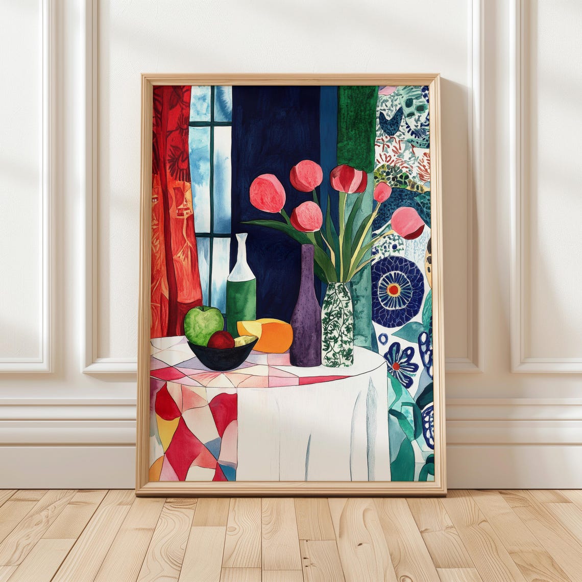 Colorful Tulip Still Life With Bottles Fruit Table Art Poster