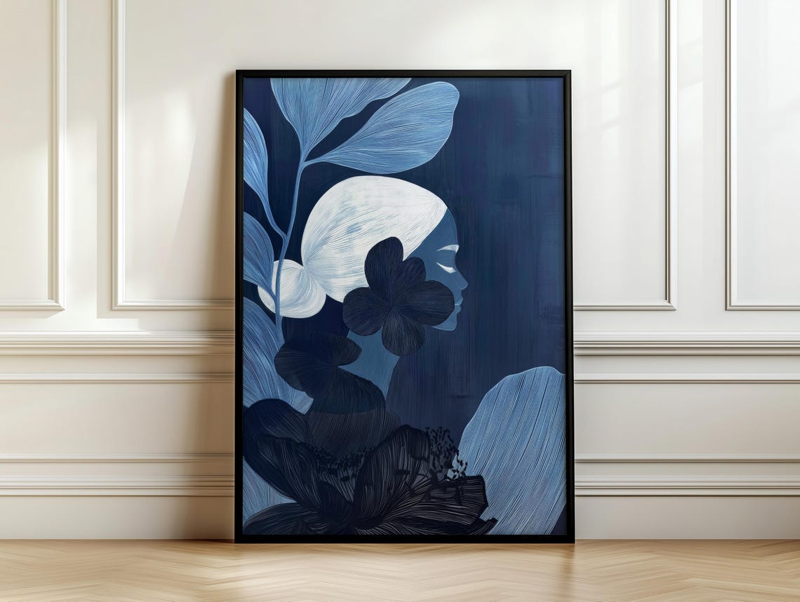 Moody Abstract Portrait Of Woman Delicate Blue Tones Feminine Botanical Artwork Dreamlike Art For Elegant Interiors