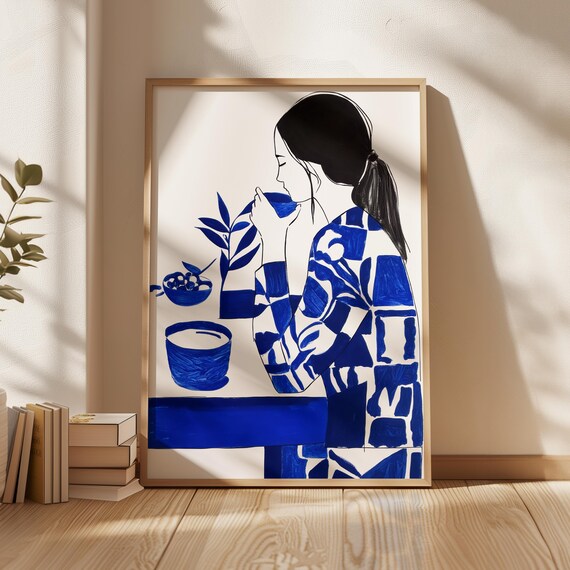 Woman Drinking Tea Cobalt Blue Minimalist Illustration Poster