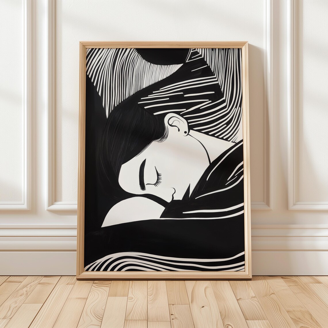 Monochrome Woman Resting Chin On Hand Striped Headscarf Poster