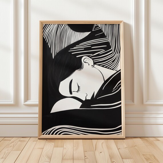 Monochrome Woman Resting Chin On Hand Striped Headscarf Poster