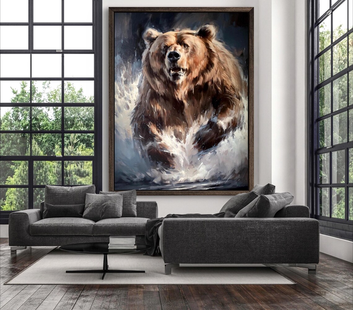 Grizzly Bear Emerging From Water Wildlife Oil Painting Poster - Image 2
