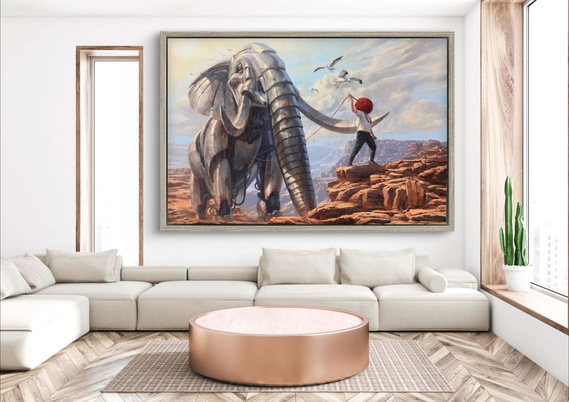 Giant Elephant Guiding Boy Through Canyon Surreal Art Poster