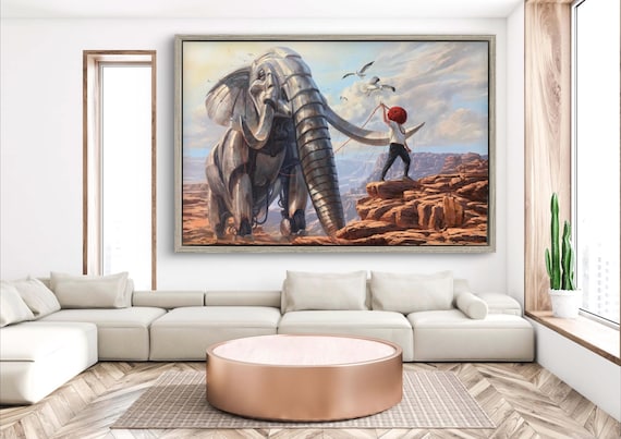 Giant Elephant Guiding Boy Through Canyon Surreal Art Poster