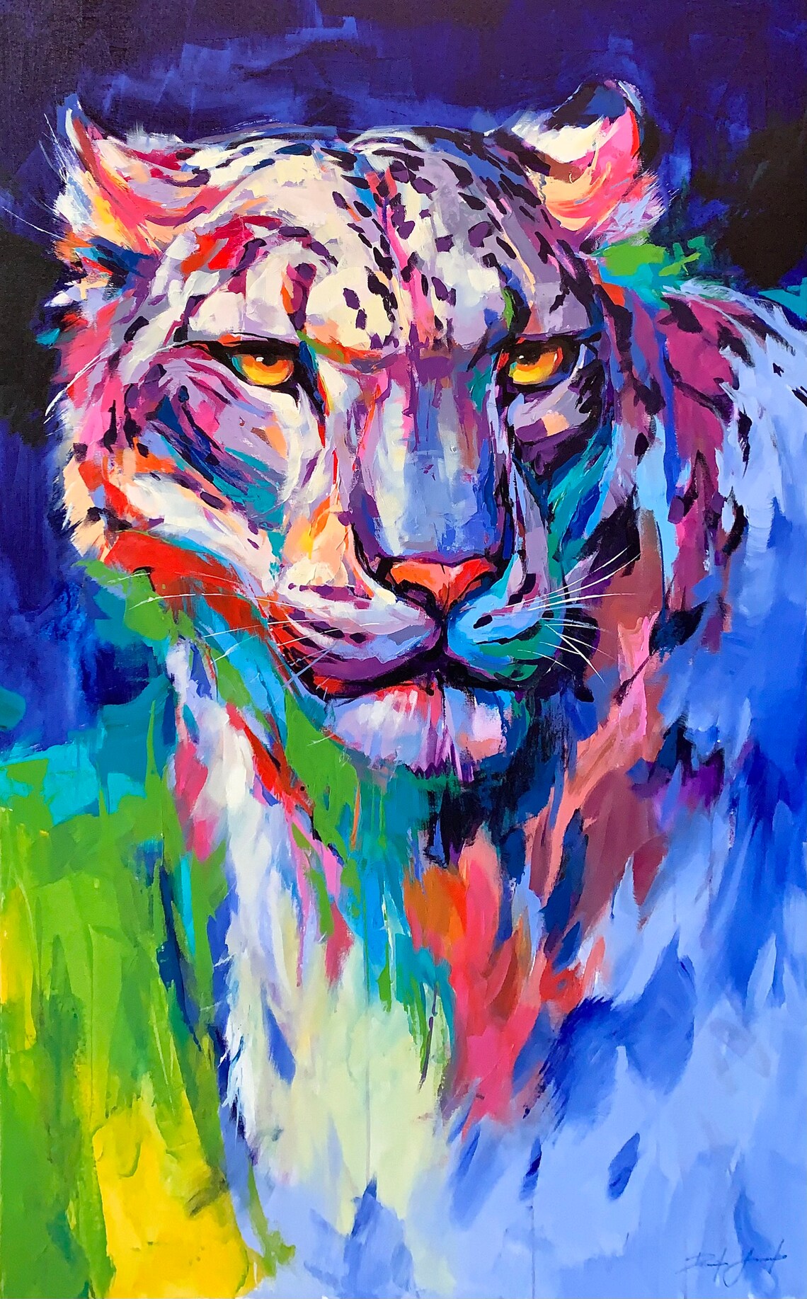 Colorful Snow Leopard Vibrant Abstract Oil Painting Art Poster