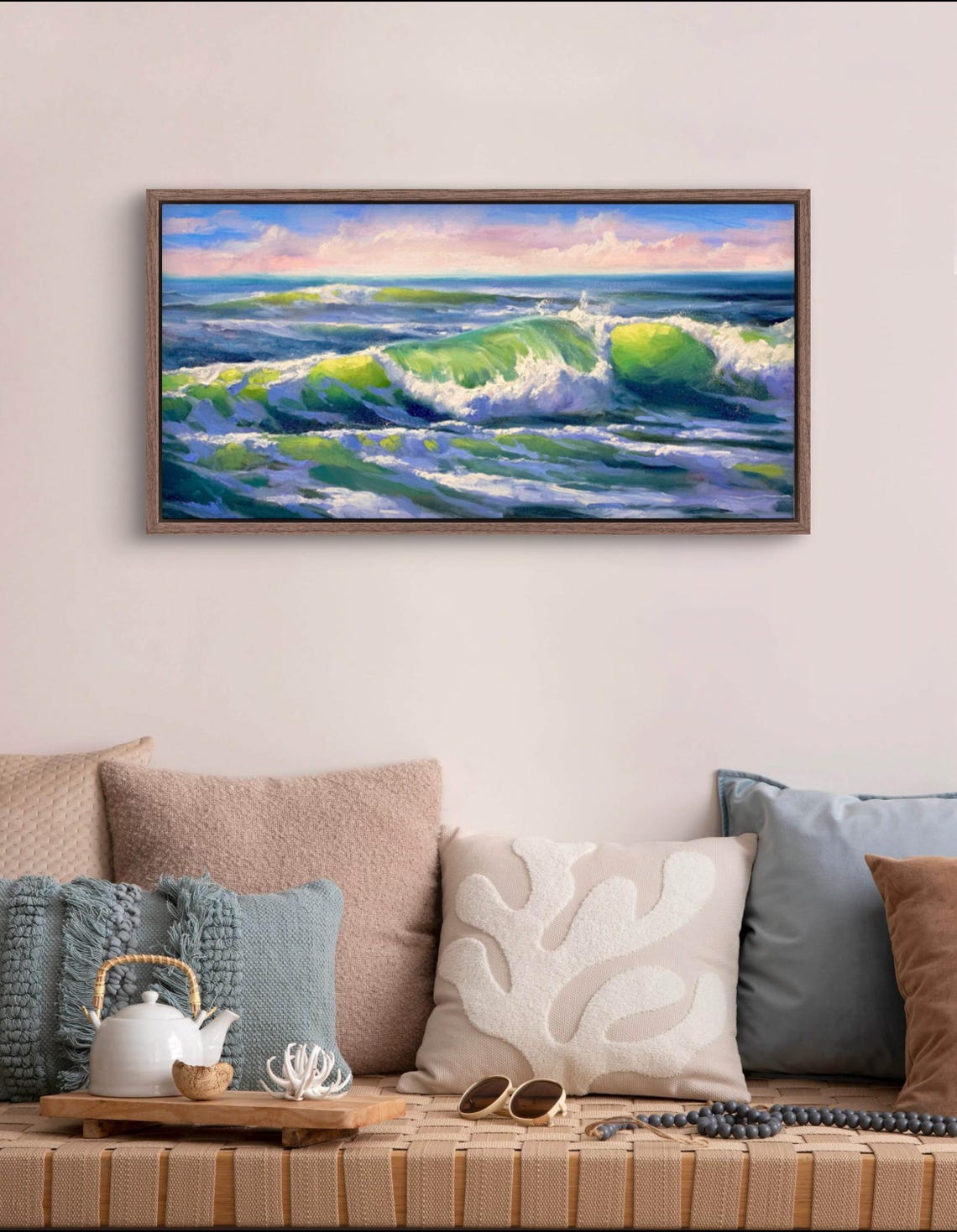Green Rolling Ocean Waves Under Pink Sunset Clouds Beach Poster - Image 3