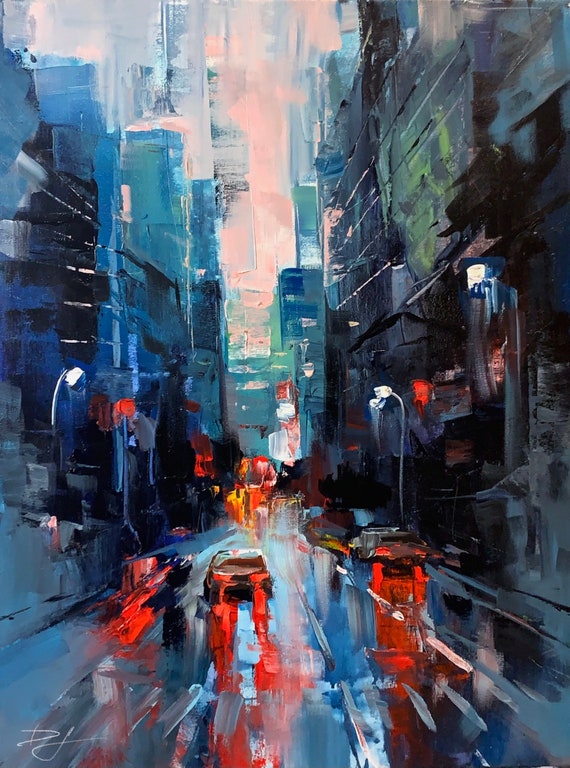 Red Fireflies Cityscape Urban Night Scene Art Print