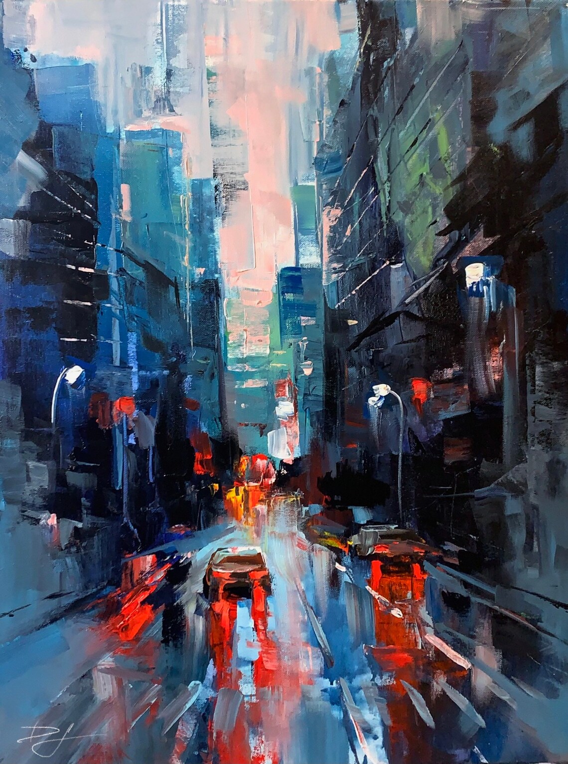 Red Fireflies Cityscape Urban Night Scene Art Print