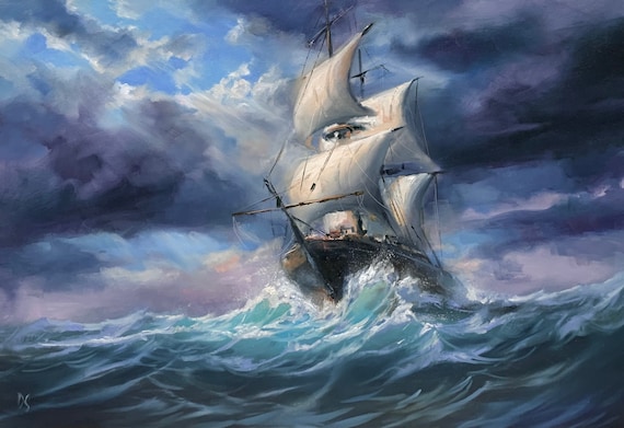 Tall Sailing Ship With Full Sails on Stormy Seas Nautical Painting Poster