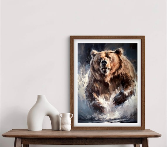 Charging Brown Bear Bursting From Water Dynamic Wildlife Poster