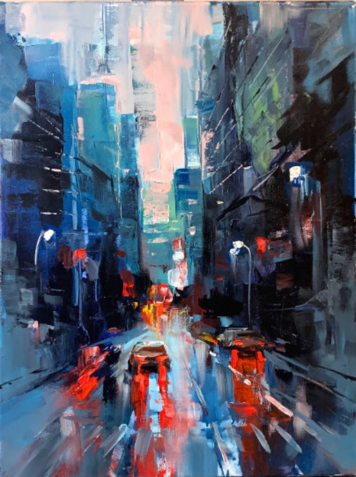 Rainy Night City Street Neon Light Reflections Impressionist Poster