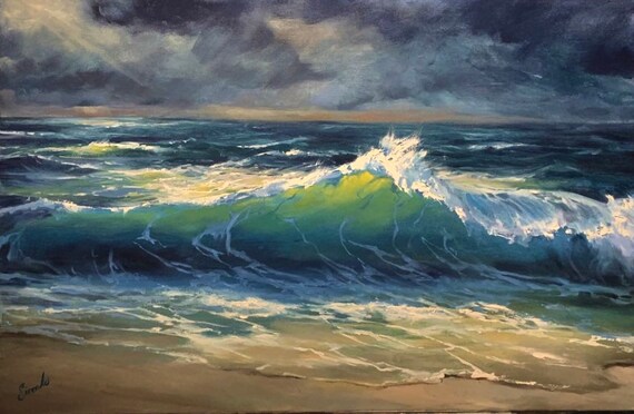 Turquoise Ocean Wave on Sandy Beach Stormy Sky Seascape Painting Poster