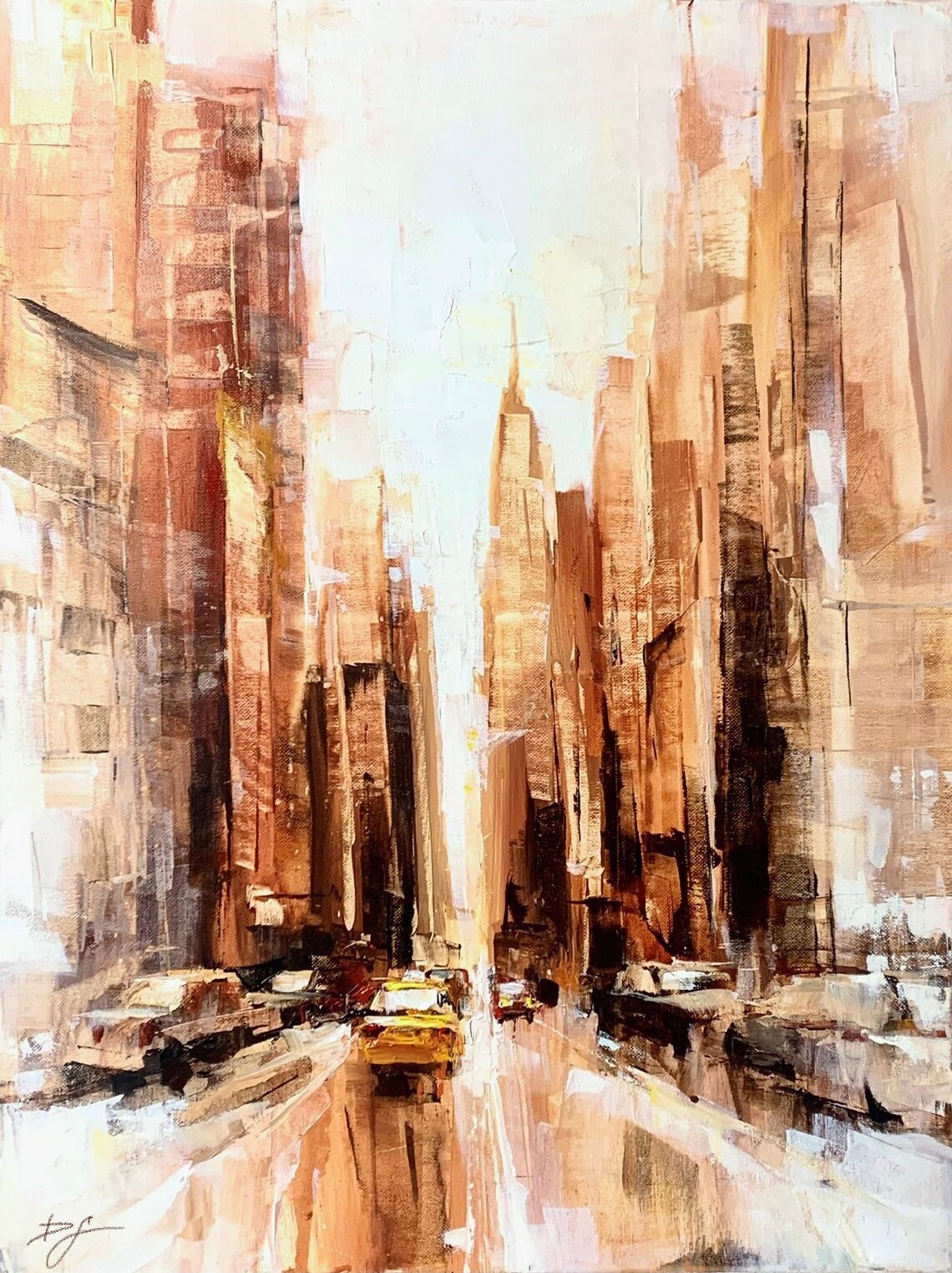 Golden New York Street With Yellow Taxi Impressionist City Poster