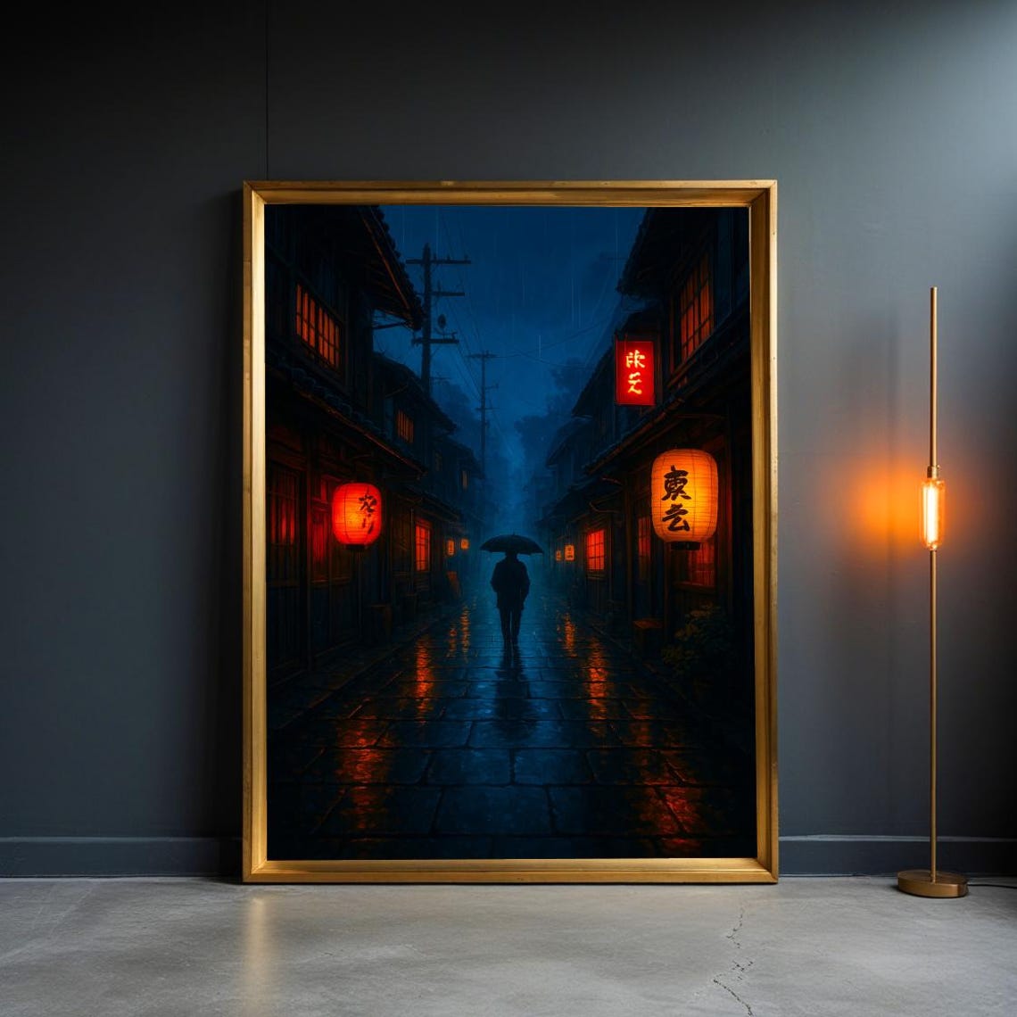 Moody Rainy Japanese Old Town Night Lanterns Umbrella Art Poster
