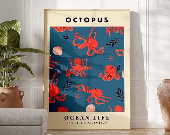 Octopus Sea Life Collection Retro Red Octopuses Ocean Art Poster