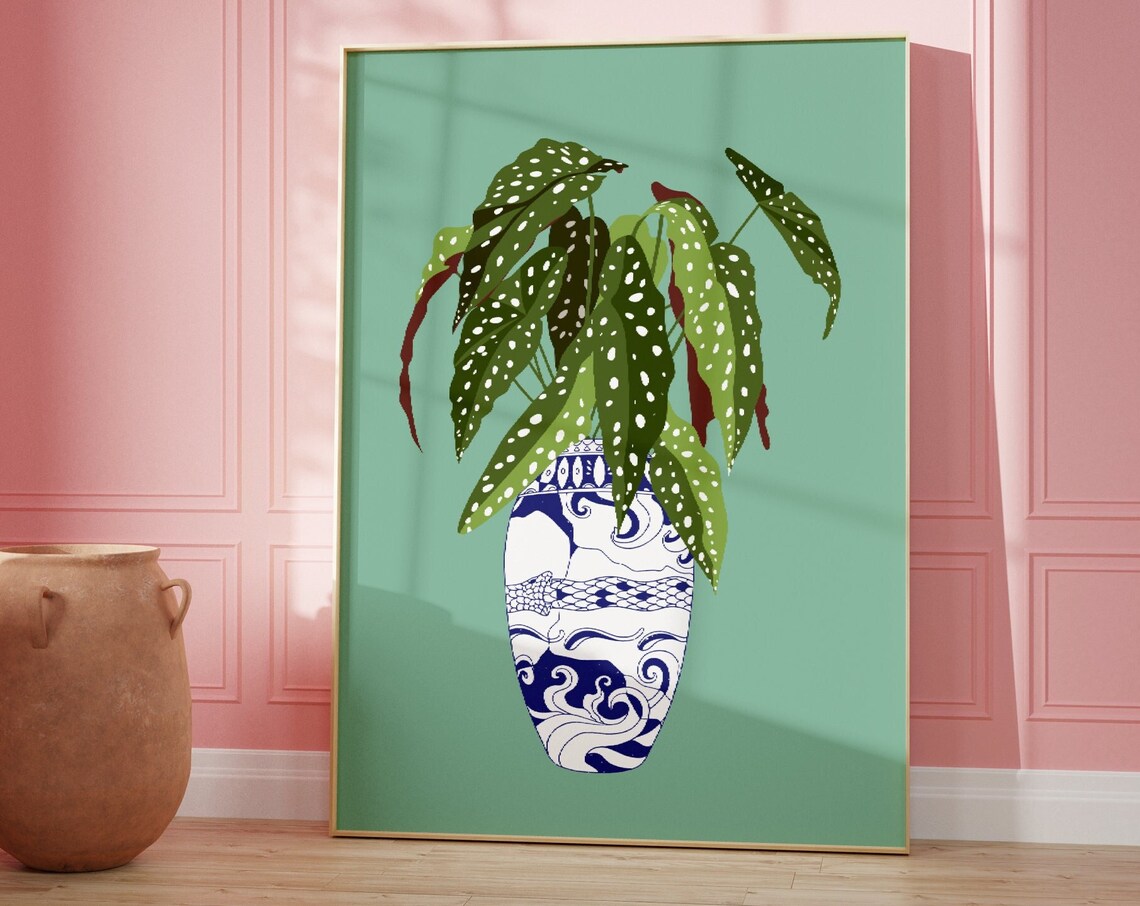 Polka Dot Begonia in Blue White Vase Teal Botanical Illustration Poster