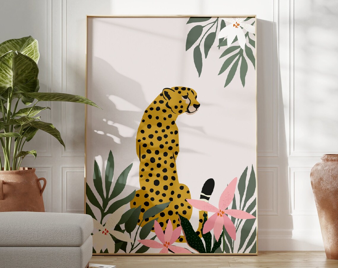 Spotted Wildcat Pink Flowers Tropical Modern Floral Art Poster