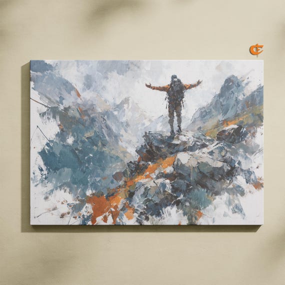 Majestic Mountain Landscape With Hiker Watercolor Art Earthy Nature Scene Rustic Adventure Decor Wall 930