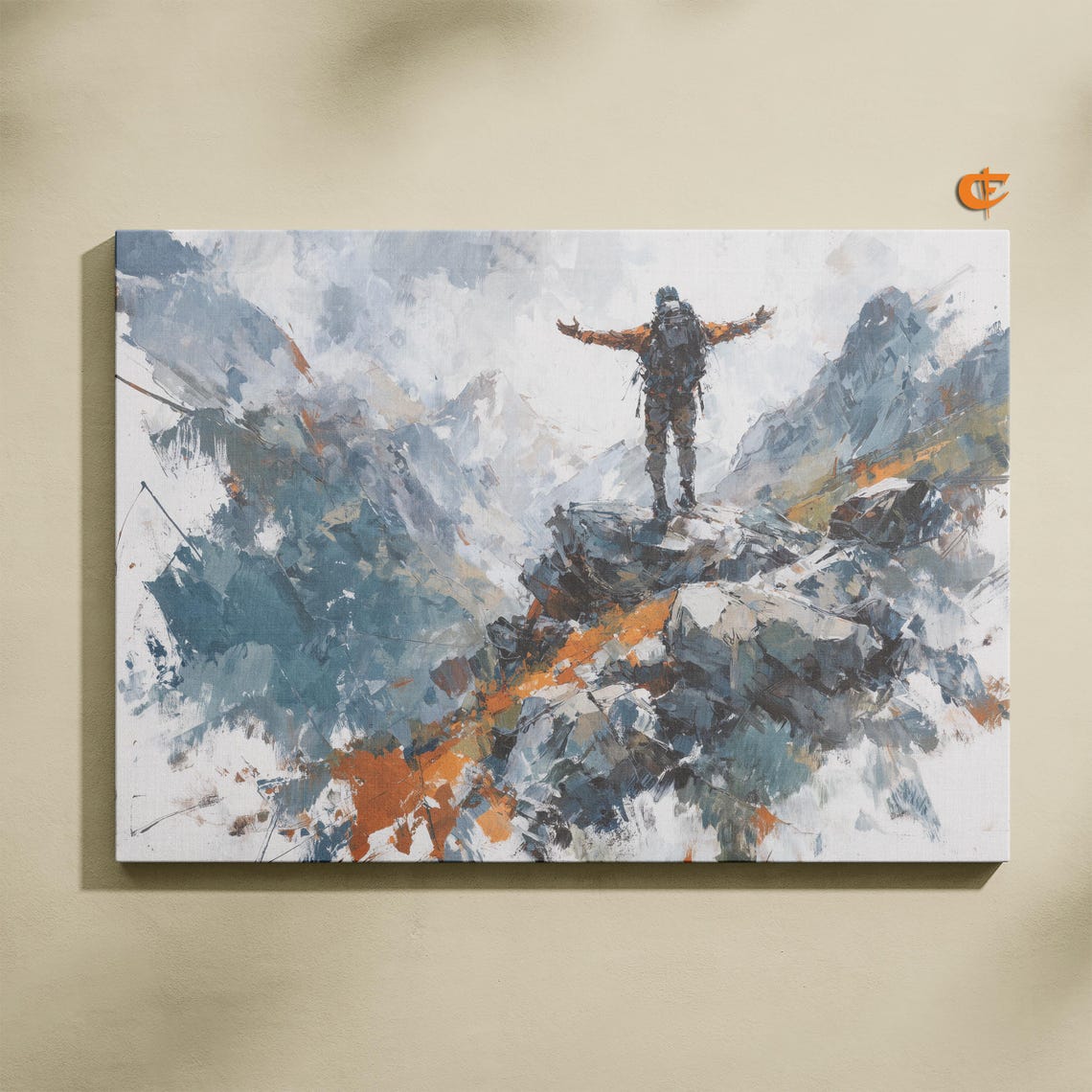 Hiker Triumphant Snowy Mountain Peak Adventure Watercolor Poster