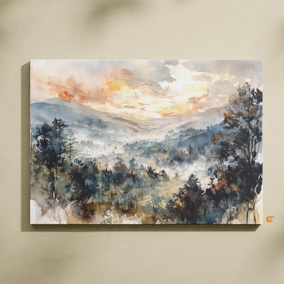 Moody Watercolor Landscape Art Morning Fog Scene Rustic Sunrise Painting Peaceful Mountain View Decor Earthy Wall 920