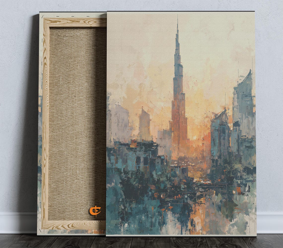 Dubai Skyline At Sunset Burj Khalifa Watercolor Cityscape Poster
