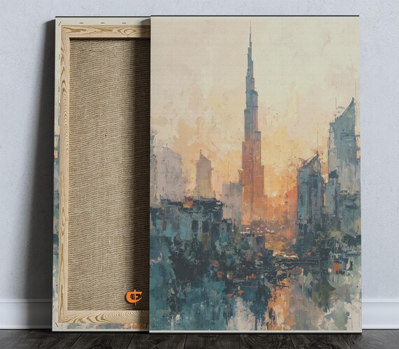 Modern Dubai Skyline At Sunset Watercolor Cityscape Luminous Urban Art Wall Decor Painting 1295