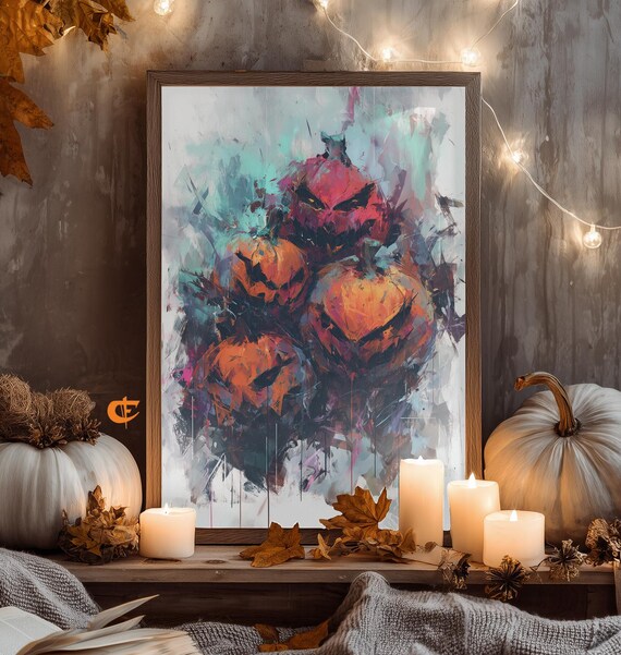 Halloween Jackolantern Cluster Painting Spooky Autumn Art Rustic Decor Vintage Fall Scene Moody Graffiti Style Print 1836