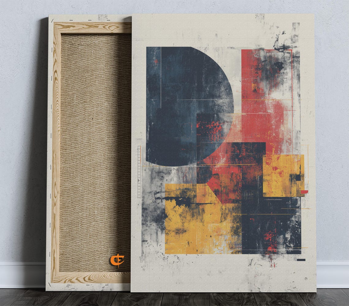 Geometric Abstract Navy Red Yellow Circle Block Modern Wall Art
