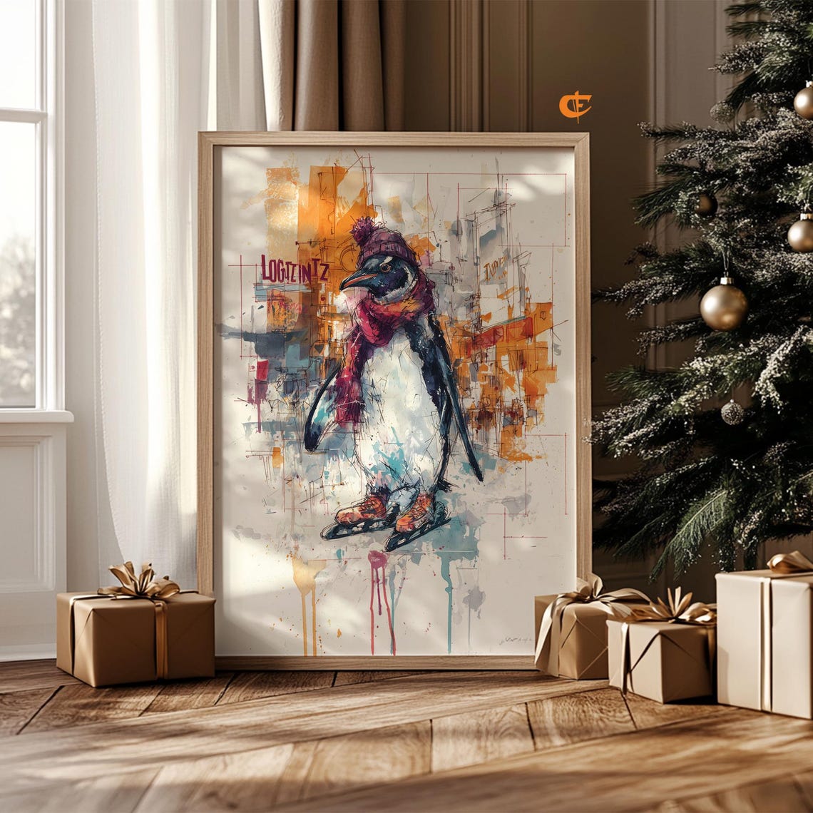 Penguin Ice Skates Beanie Scarf Quirky Christmas Holiday Art Poster