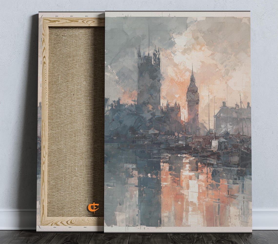 Moody London Big Ben Watercolor River Thames Autumn Skyline Poster