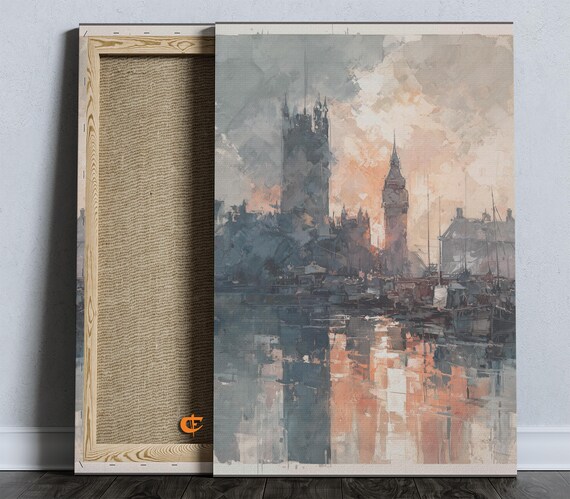 Moody Watercolor London Skyline Big Ben Autumn Cityscape Art Rustic Wall Decor Vintage Urban 1289