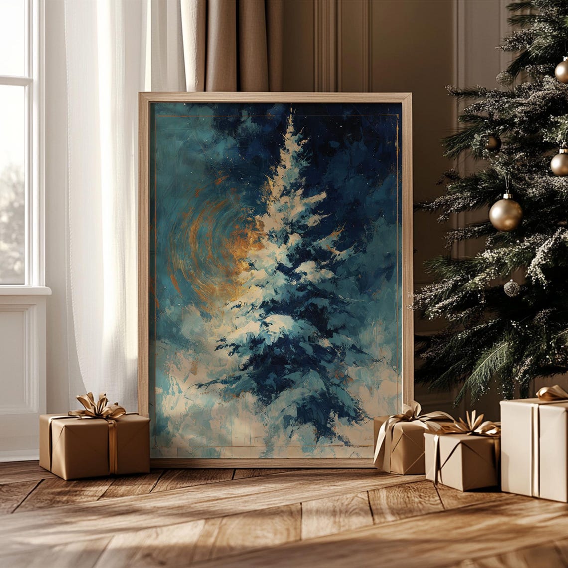 Winter Pine Tree Under Starry Night Sky Moody Christmas Wall Art