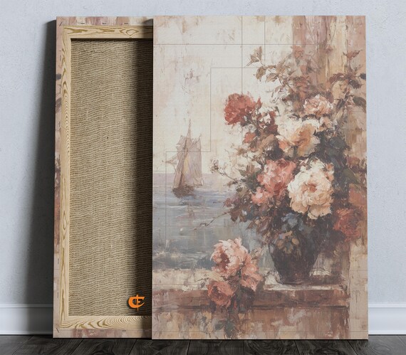 Vintage Sailboat and Floral Scene Nautical Cottage Art Poster