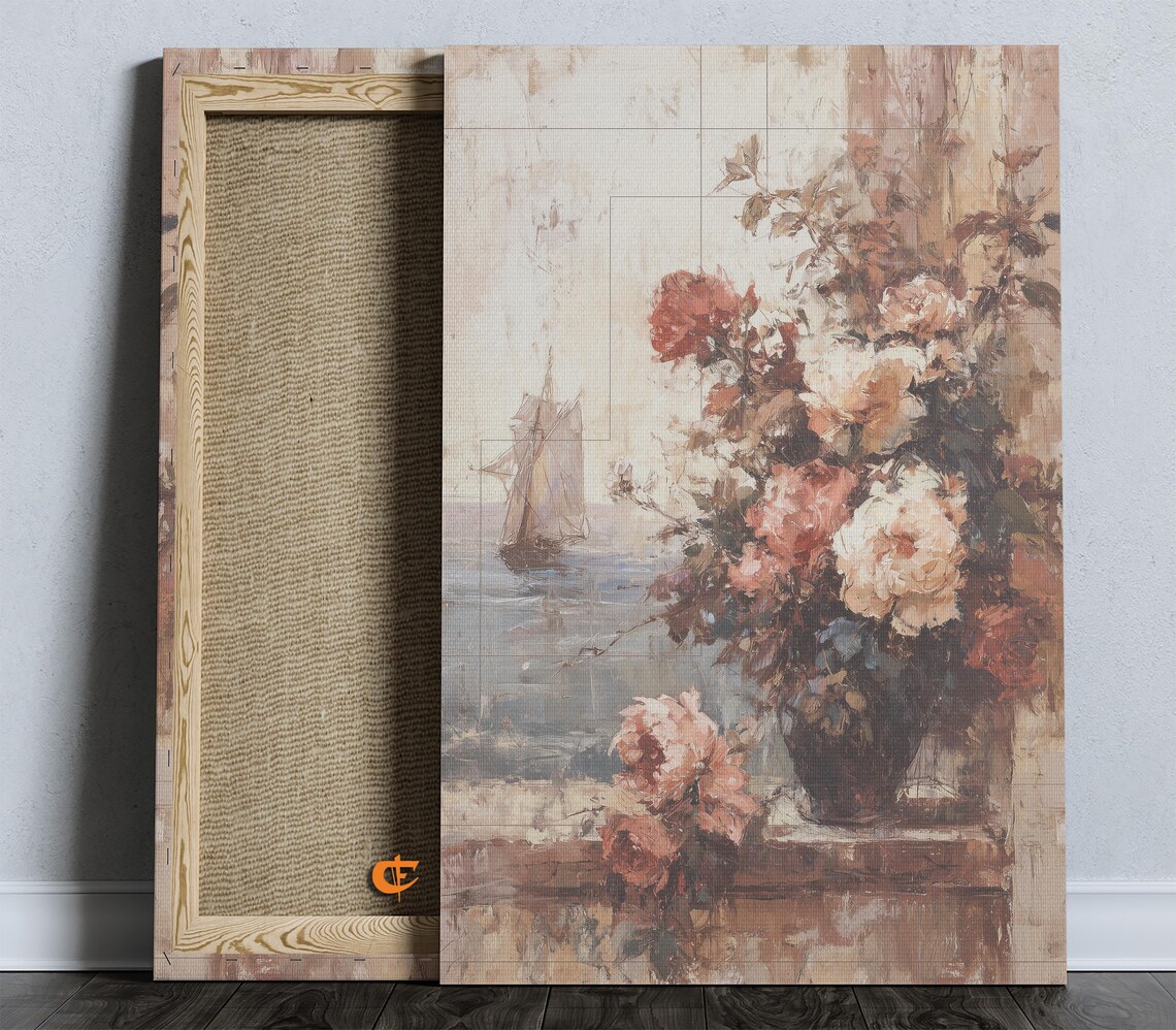 Vintage Sailboat and Floral Scene Nautical Cottage Art Poster