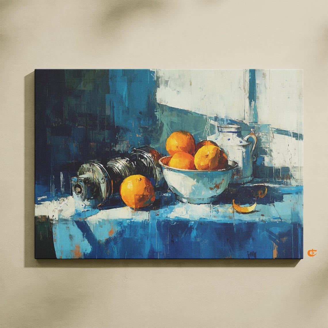 Oranges Bowl Metal Crankshaft Blue Modern Still Life Fruit Poster