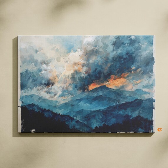 Moody Blue Ridge Mountains Watercolor Painting Rustic Landscape Art Wall Decor Stormy Sky Scene Home 911