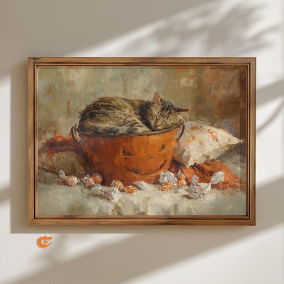 Rustic Cat In Bowl Oil Painting Vintage Style Charming Farmhouse Decor Cozy Autumn Wall Art Nostalgic Animal Print 1917