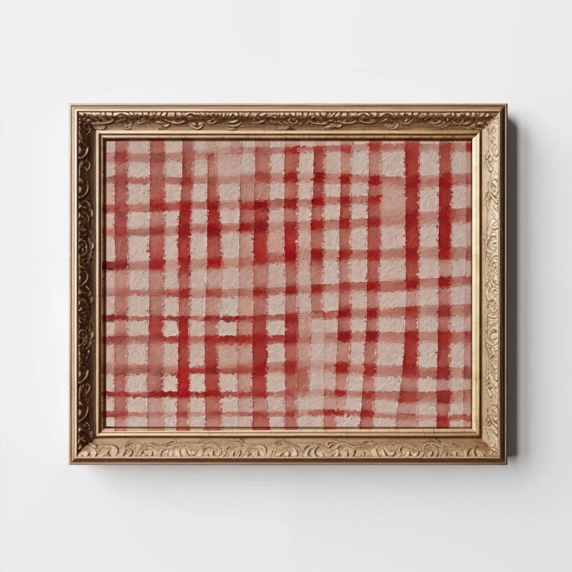 Red And Cream Plaid Gingham Abstract Textured Farmhouse Wall Art