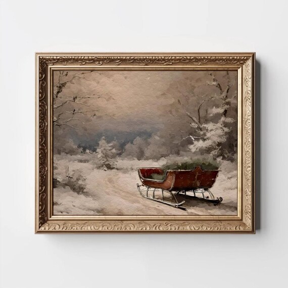 Vintage Red Sleigh In A Snowy Forest Christmas Winter Scene Poster