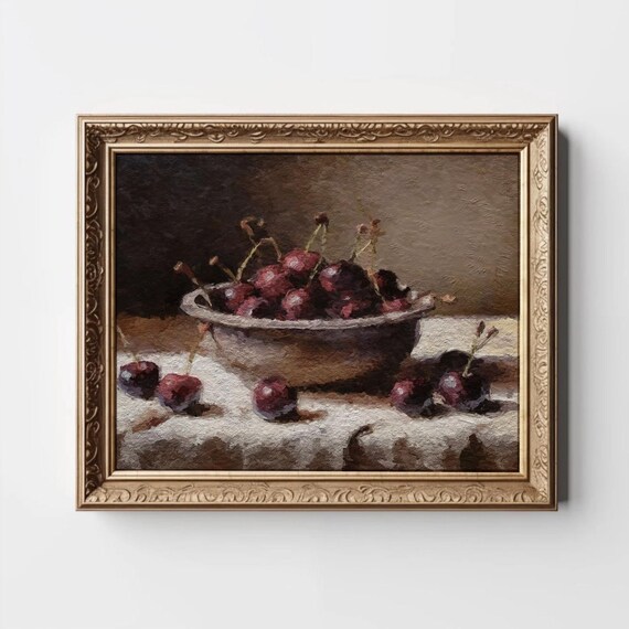 Bowl of Dark Cherries Still Life Oil Painting Rustic Kitchen Art Poster