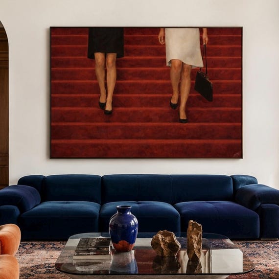 Red Carpet Stairs Oil Painting Print Horizontal Above Bed Contemporary Wall Art Hand Drawn Abstract Mid Century Modern Retro Canvas Poster