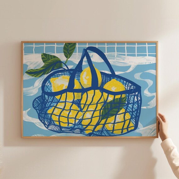 Lemons In Blue Net Art Print Fresh Lemon Artwork Kitchen Illustration Wall Art Poster Modern Summer Fruit Art Landscape Wall Decor